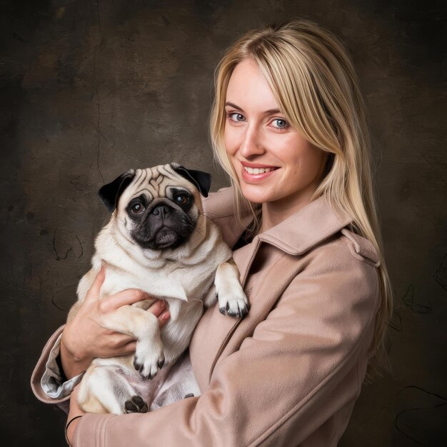 portrt smiling blonde woman breeder holds her cute pug 926199 4360994